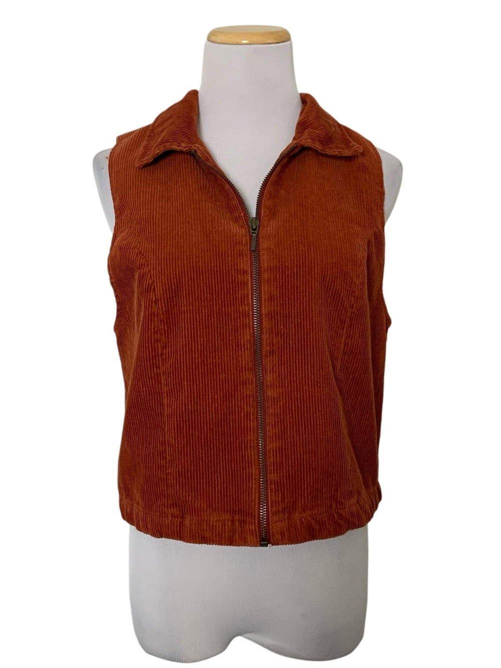 Vintage Corduroy Zull Zip Collared Vest Orange Brown Women’s L Sleeveless Funky